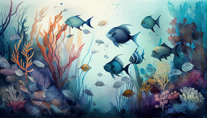 Beautiful underwater world with corals and tropical fish, generative ai illustration
