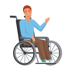 Man in wheelchair with waving hand. Disabled boy with walking problems vector cartoon illustration