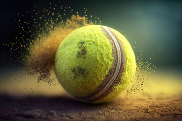 Match point with a tennis ball hitting the line.  Composite with different elements made with generative AI