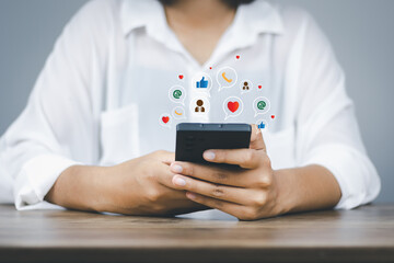 social media concept woman using smart phone of living on vacation and playing social media To find customers or marketing, and business use the search engine optimization