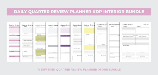 Daily quarter review planner template design kdp interior bundle