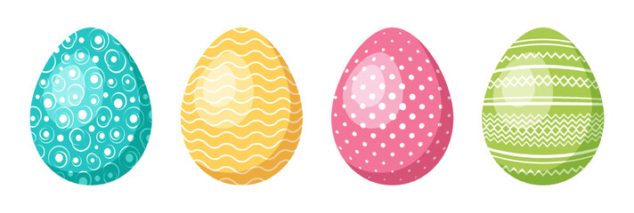 Set of cute Easter eggs with different patterns. Collection of colored eggs isolated on white background. Easter symbol. Spring holiday. Vector flat illustration. Design elements for holiday cards. 

