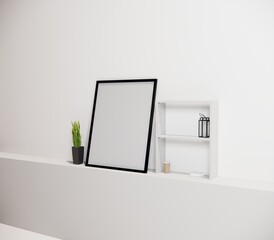 White wall, white wall frame, left side small flower tub, right side small bookself and coffee cup, 3D rendering image.