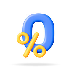 3D Realistic Zero Percent Sign Icon Isolated. Render Money, Finance or Business Concept. Percentage, Sale, Discount, Promotion and Shopping Symbol. Offer, Price Tag, Coupon, Bonus. Vector Illustration