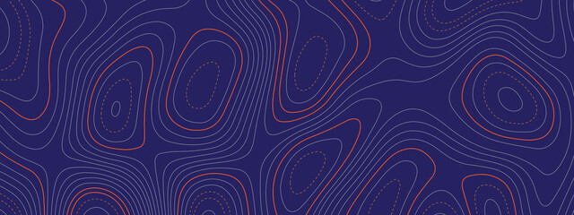 Blue, orange wavy abstract topographic map contour, lines Pattern background. Topographic map and landscape terrain texture grid. Wavy banner and color geometric form. Vector illustration.