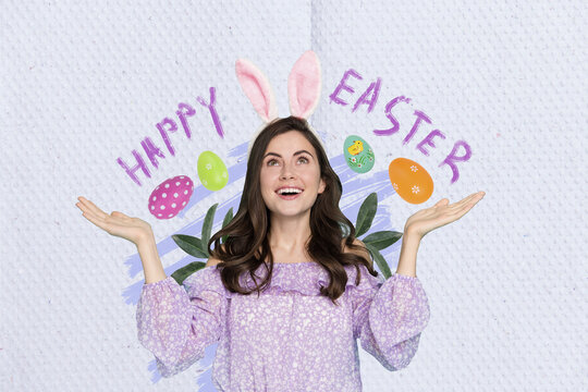 Creative collage photo illustration of impressed optimistic woman wear bunny ears celebrates easter isolated on drawing background