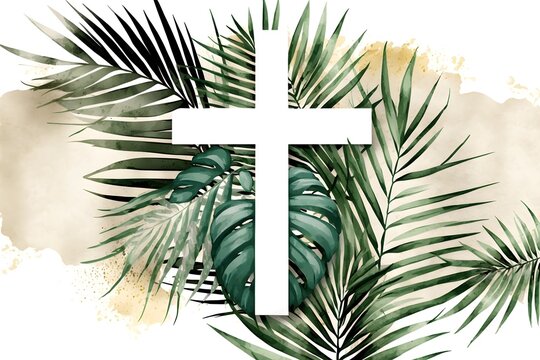 Wallpaper Illustration and background of cross and palm branch. Top view and flat lay. Concept of palm sunday, christianity, easter. Generative Ai