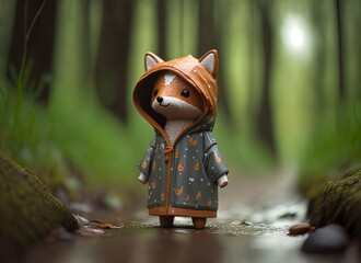 Cute fox figurine with raincoat in the forest. Generative AI. - obrazy, fototapety, plakaty