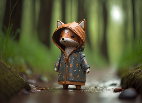 Cute fox figurine with raincoat in the forest. Generative AI.