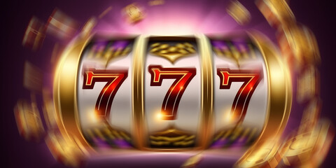 Casino banner, slot machine with 777 symbols and golden coin. Generation AI