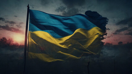 Ukrainian flag is waving against the sunset and the epic light. 