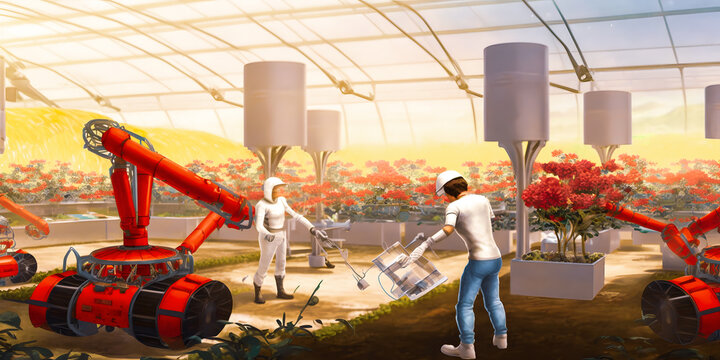 Illustration Industrial modern 4.0 greenhouse to grow tomatoes with robots. Concept technology innovations farming. Generation AI.