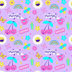 Fototapeta premium Seamless pattern with y2k style elements. Acidic vivid neon colors. Bright youth pattern with 90s symbols. Cherry, smiling daisy, rainbow, butterfly flowers. Vector illustration on lilac background