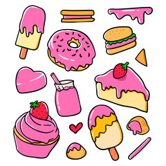 Sweet Strawberry Treats, Hand-Drawn Vector Set of Pink Desserts and Drinks