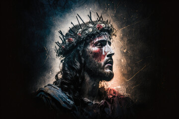 Jesus Christ wearing crown of thorns Passion and Resurection. Easter card, Good Friday. Generative AI - obrazy, fototapety, plakaty