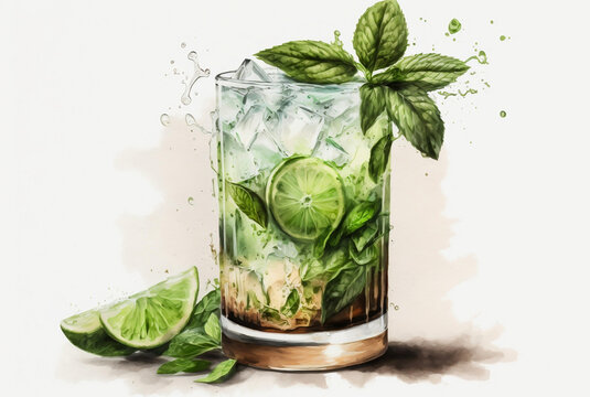 Mojito cocktail with lime, lemon and mint in a glass. Painting, watercolor drink. Fresh summer cocktail illustration. Generative AI