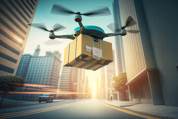 Drone delivering a package. Fast delivery in future, drone flies over the city and carries parcel to addressee. Created with Generative AI - obrazy, fototapety, plakaty