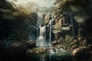 Beautiful waterfall in tropical jungle. Cascade waterfall in green tree tropical forest. Created with Generative AI