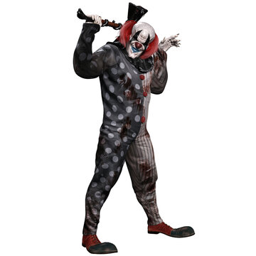 A 3d rendered scry clown holding a hammer isolated on a white background. HWWO Stock 