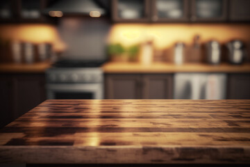 Obraz na płótnie Canvas Wood tabletop on blur kitchen counter background Generative AI
