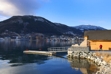 Fototapeta premium Image of Sogndalsfjora city on the shores of Sogndal Fjord in Norway, Europe 