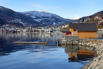 Image of Sogndalsfjora city on the shores of Sogndal Fjord in Norway, Europe	