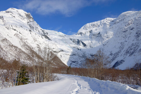 Scenic alpine glacier landscape. Jostedalsbreen National Park - Briksdalsbreen Glacier in Norway, Europe	