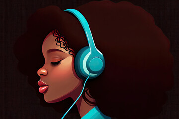 Creative music background. Woman wearing headphones listening music. Sound inspiration and emotions. Created with Generative AI