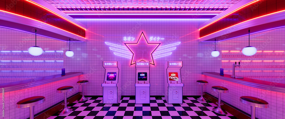 Wall mural retro diner interior with tile floor, neon illumination, vintage arcade machine and bar stools. 3d i