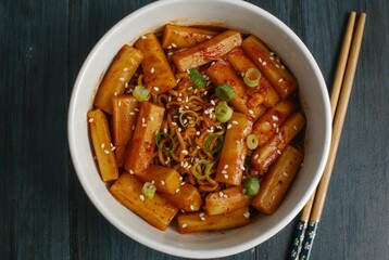 Rapokki or rabokki stand for ramyeon and teokpokki, a korean rice cake mix with instan noodles garnish with sesame seed and cut chives. Isolated in dark blue background