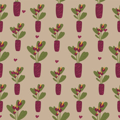 House plants seamless pattern. Trendy home decor with plants vector illustration. Flowers in pot, house interior design.