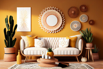Boho cozy living room interior design, bright wall mockup, 3d style., 3d illustration. Generative Ai.
