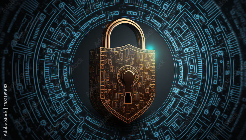 Poster concept of cybersecurity and data privacy protection, lock, and background of binary digits