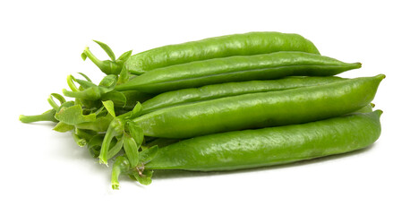 Young pea pods isolated on white background.