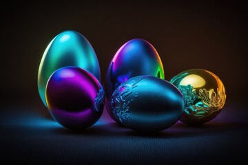 Colorful Easter eggs in holographic colors on the dark studio background. Easter Holiday. Generative ai. 