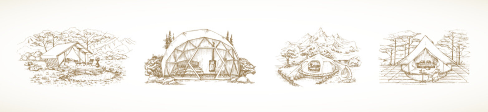 Glamping Recreation Illustrations Set. Hand Drawn Comfortable Outdoor Tent Landscape Scenery Bundle. Glamour Modern Nature Rest Sketch Emblems Collection Isolated