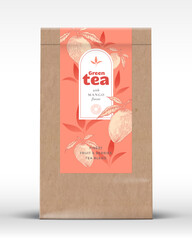 Craft Paper Bag with Fruit and Berries Tea Label. Realistic Vector Pouch Packaging Design Layout. Modern Typography, Hand Drawn Mango and Leaves Silhouettes Background Mockup Isolated