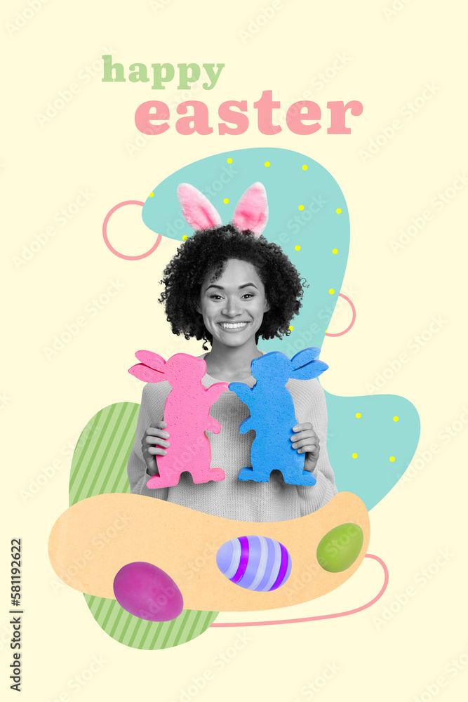 Sticker Exclusive magazine picture sketch collage image of smiling happy lady buying easter gifts decorations isolated painting background