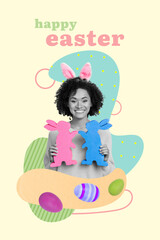 Exclusive magazine picture sketch collage image of smiling happy lady buying easter gifts decorations isolated painting background