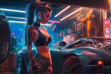 Fototapeta na wymiar Female Mechanic inside her garage | Cyberpunk backgrounds/wallpapers/images |