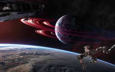 Deep space planets. Orbital space stations. Science fiction. Elements of this image furnished by NASA