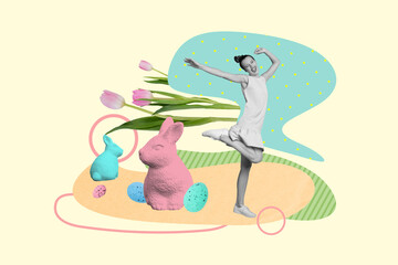 Photo artwork collage picture of smiling carefree lady having fun dancing enjoying easter time isolated drawing background