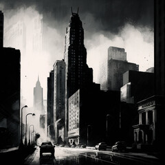 Hand drowning Cityscape Illustration, dry-brush technique, black and white image showing cars and buildings on deserted street. Generative AI