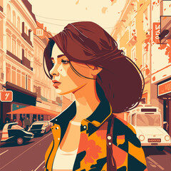 Close-up face, Beautiful teenage girl on a street , Vector flat illustration EPS 10.