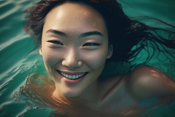 Happy young asian woman relaxing in the sea, at summer vacation. Generative AI illustration.