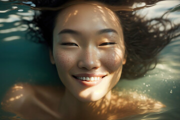 Vacation asian girl relaxing in swimming pool on summer travel. Generative AI illustration.