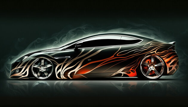 Aerography on car side creative colorful fire image, poster, banner for auto repair shop. Generative AI