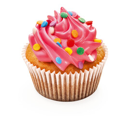 delicioso cupcake confeitado em fundo transparente - bolinho com cobertura de creme cor-de-rosa em png