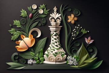 king and queen chess piece quilling art, flower and leaves using Generative AI technology