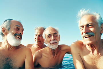 Group of happy seniors friends smiling on the sea. Generative AI illustration.